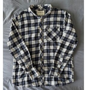 OneDayAway Flannel Shirt Mens Medium Navy Blue White Plaid Long Sleeve
